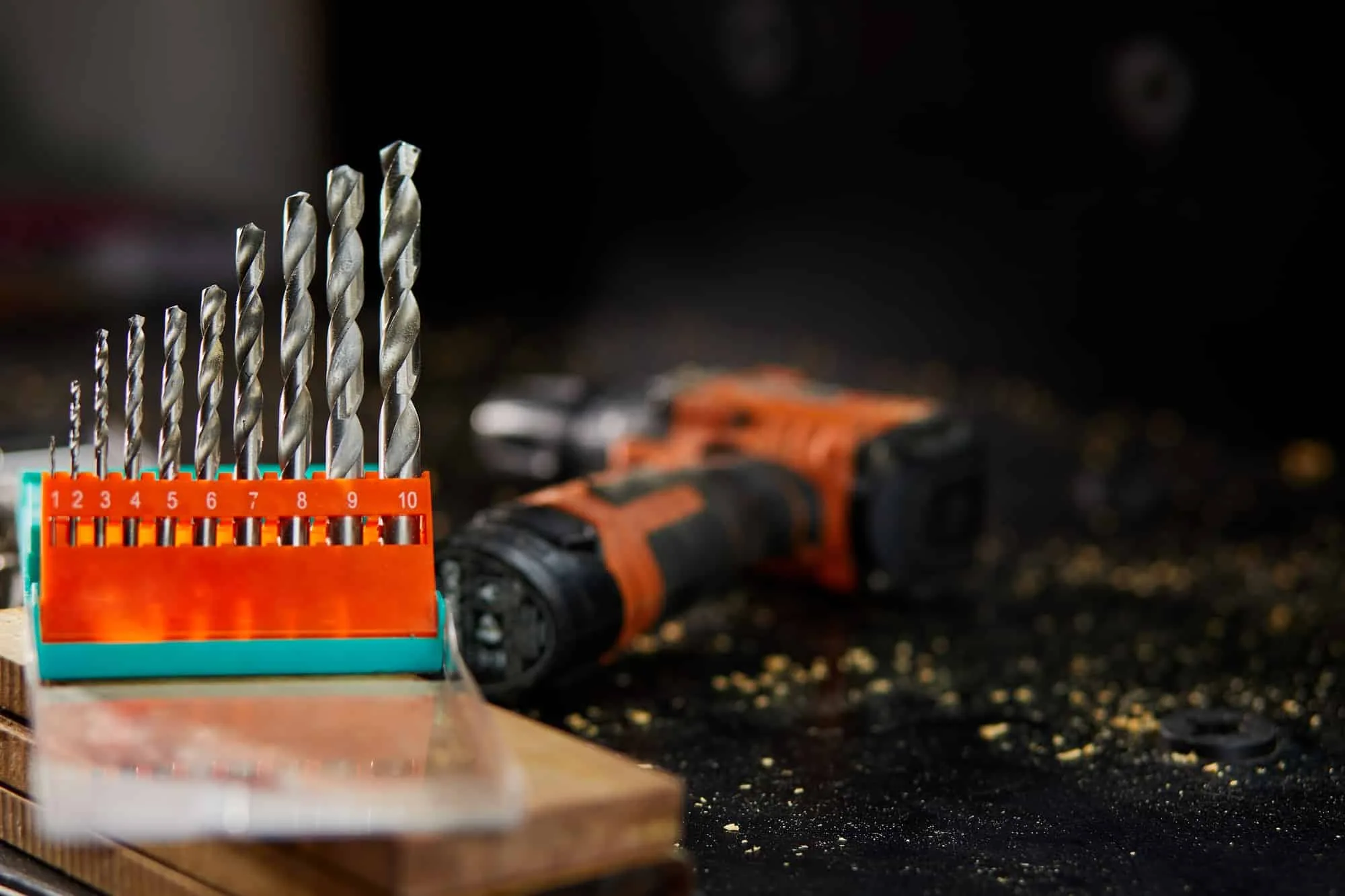 Close up of a metal drill bit set at workshop Close up of a metal drill bit set at workshop