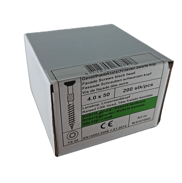 Potdeksel- Gevelschroeven zwart RVS 410 Torx 4 x 50 mm smalle lenskop doos productafbeelding Potdekselschroef, ook wel gevelschroef genoemd, met zwarte smalle lenskop en Torx aandrijving, RVS 410, geschikt voor montage van gevel- en potdekselplanken. Dikte is 4 millimeter en lengte is 50 millimeter.