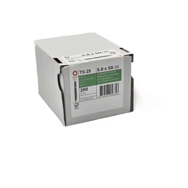 Vlonderschroeven RVS 410 torx 5 x 50 mm smalle lenskop doos Vlonderschroef met smalle lenskop en Torx aandrijving, RVS 410, geschikt voor montage van vlonderplanken en gevelplanken en potdekselplanken. Dikte is 5 millimeter en lengte is 50 millimeter.