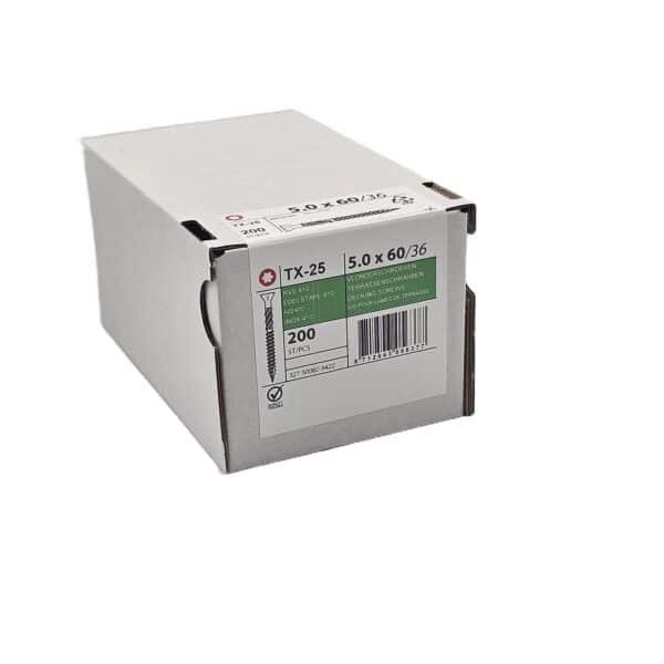 Vlonderschroef met smalle lenskop en Torx aandrijving, RVS 410, geschikt voor montage van vlonderplanken en gevelplanken en potdekselplanken. Dikte is 5 millimeter en lengte is 60 millimeter.